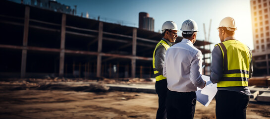 Architects and contractors visiting a construction site before construction begins. Shallow field of view with copy space. - obrazy, fototapety, plakaty