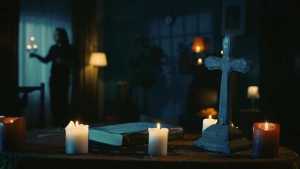 Shot capturing a table with magical tools on it: candles, cross and beads. A priest with a candlestick stands by the window. Place for occult rites and rituals.