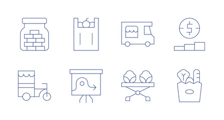 Market icons. editable stroke. Containing food truck, growth, market, saving money, shopping bag, snack booth, strategy.