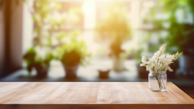 Fototapeta Wooden table with a clear vase by the window against a blurred background of the sunlight garden background. High quality photo