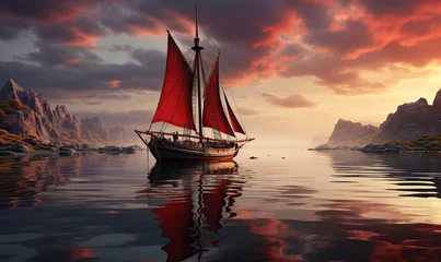 Rolgordijnen Colorful natural landscape, Viking ship under sail. © Andreas