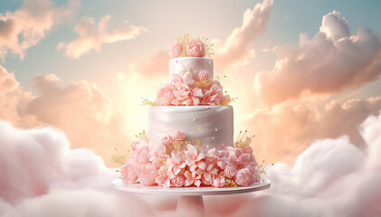 Three-tiered pink and white wedding cake decorated with rose flowers on sky clouds background. Wedding baked sweet dessert. Copy space. Banner. Wedding or birthday cake design idea concept - obrazy, fototapety, plakaty
