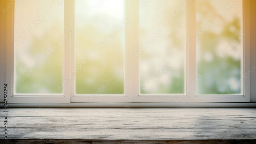 Poster empty wooden table and window with bokeh sunlight green nature background, product display montage. 