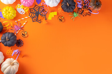 Halloween high-colored yellow background with colorful party holiday accessories and decor, spiders, cobwebs, pumpkins, bats, ghosts, top view flat lay copy space