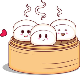 Cute Steam Buns Character in Bamboo Bowl  