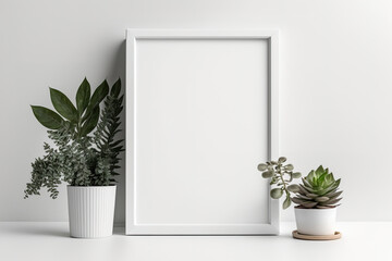 Beautiful white frame on white wall. Generative AI