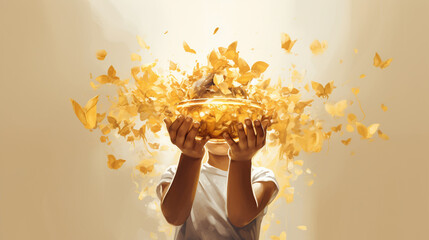 Little girl holding out golden butterflies  in a fantasy world