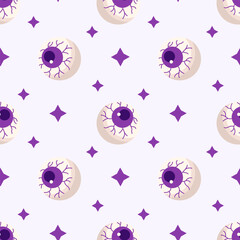Halloween seamless pattern with eyes. Isolated on light yellow. Vector for poster, offer, flyer, banner, invitation, greeting card. Background.