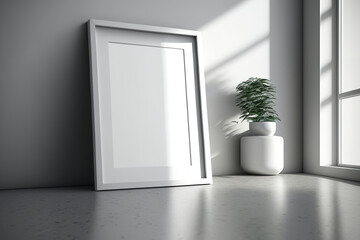 A ground-level white picture frame. White poster living room decor ideas. loft contemporary, clean and airy. clipped route. Generative AI