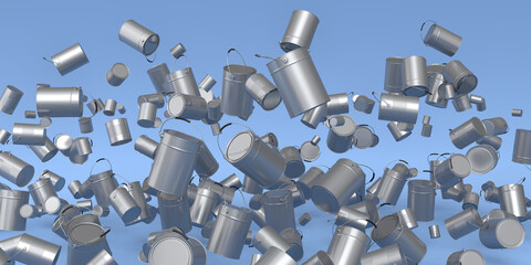 Many of flying metal cans or buckets on blue background.