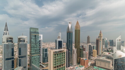 Skyline panoramic view of the high-rise buildings on Sheikh Zayed Road in Dubai aerial timelapse, UAE.