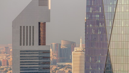 Dubai World Trade Centre on the Sheikh Zayed Road behind office towers in financial district aerial...