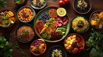 A colorful display of vegan dishes made from fresh vegetables, grains, and fruits showcasing the...