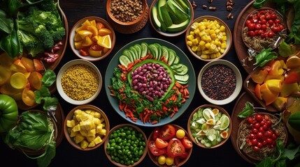 A colorful display of vegan dishes made from fresh vegetables, grains, and fruits showcasing the...