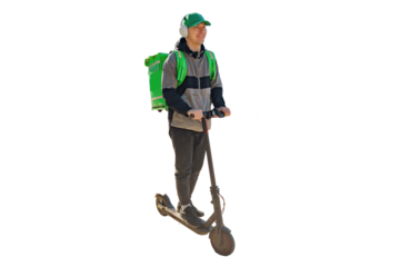 The courier is a man riding a scooter, delivering food home in a container. A person is an employee of the company in the uniform of the company.