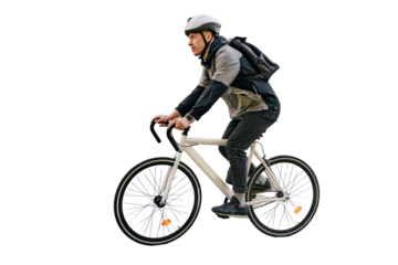 The courier is a man riding a bicycle, fast food delivery home in a backpack.  A man is an employee of the company in uniform.