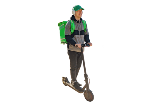 The courier is a man riding a scooter, delivering food home in a container. A person is an employee of the company in the uniform of the company.