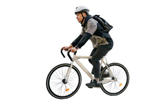 The courier is a man riding a bicycle, fast food delivery home in a backpack.  A man is an employee of the company in uniform.