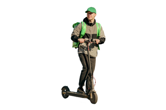 A man is an employee of the company in uniform. The courier is a man riding a scooter, delivering food home in a container. - Powered by Adobe