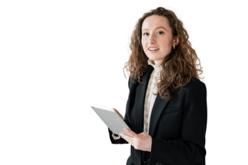 An office employee uses a tablet, a woman in office clothes. Student online conference portrait close.