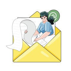 Newsletter concept. Woman writing on a really long piece of paper. Hand drawn vector illustration