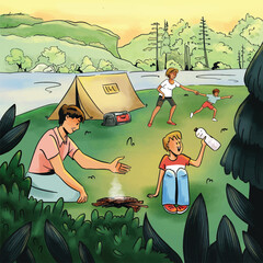 Family vacations in nature. Mom, dad and two sons set up a tent and build a fire. Summer landscape concept. Spending time in the circle of close people. Hand drawn vector illustration style