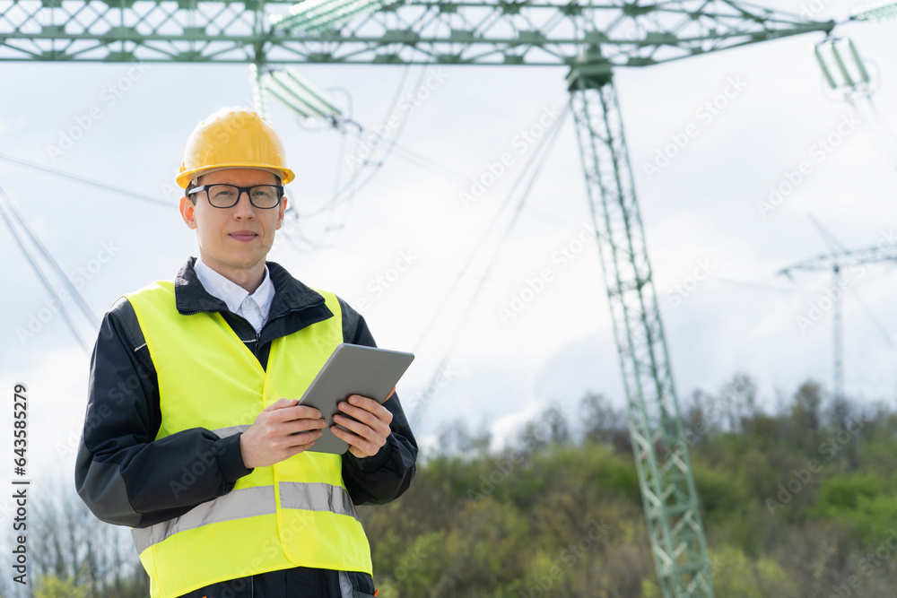 Aufkleber Engineer with digital tablet on a background of power line tower.