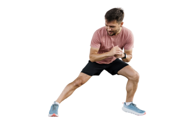 Athletic man training in sportswear. Confident person body stretching exercise for running.