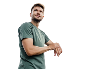 Uses a fitness app and watch accessories.  A runner is an athlete, a strong confident person in a full-length T-shirt, a healthy lifestyle. Sports jogging.