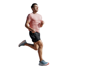 A runner is an athlete, a strong confident person in a full-length T-shirt, a healthy lifestyle. Sports jogging, a man uses a fitness app and watch accessories.