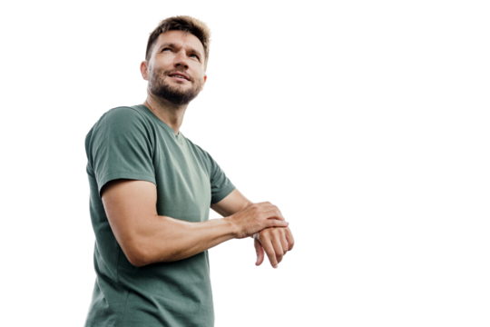 Uses a fitness app and watch accessories.  A runner is an athlete, a strong confident person in a full-length T-shirt, a healthy lifestyle. Sports jogging.