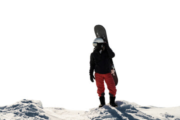 Male front view full-length snowboarder in sportswear for winter sports. Keeps a snowboard for...