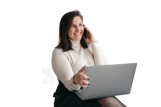 A female designer uses a laptop and a phone in the office. An employee of the company is talking to a client. A happy manager in a white shirt smiles.