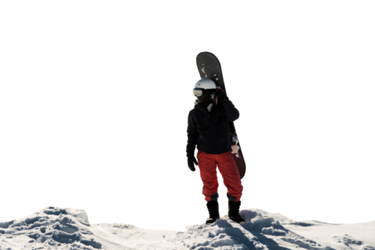 Male front view full-length snowboarder in sportswear for winter sports. Keeps a snowboard for holidays. Adventure journey in the mountains.