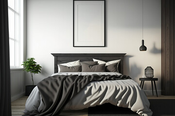 A white bedroom with a framed poster has a dark wood king-size bed with a gray blanket. mockup. Generative AI