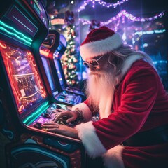 Santa claus forgot about christmas and having fun playing a slot machine. Colorful night playful scene. Funny moment with santa.