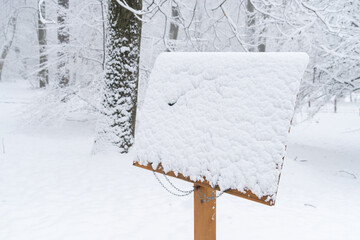 Wooden sign board in the snowy park