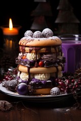 Sweet cream and candy burger in New Year's style, tall fast food hamburger in sweet glaze for kids. Created with AI