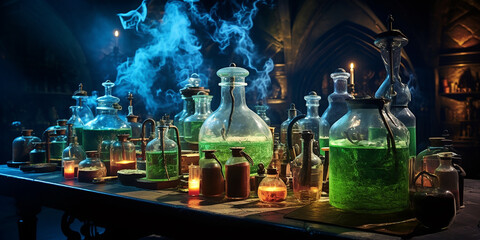 a Halloween laboratory with bubbling potions and scientific experiments.