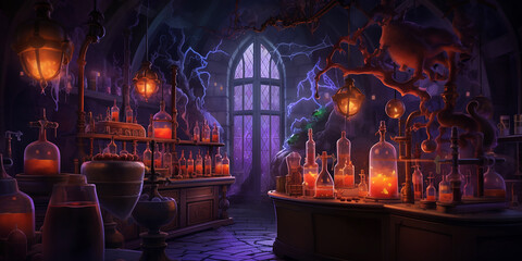 a witch's lair with bubbling cauldrons, potion ingredients, and magical artifacts. - obrazy, fototapety, plakaty
