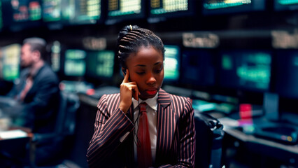 A young woman trading in an important stocks exchange, buying et selling shares, and giving advises to shareholders. Ultra-realistic illustration created with generative AI.	
