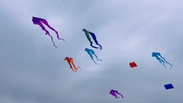 A lot of different colorful kites are flying in the cloudy gray sky and swaying in the wind during summer outdoor festival. Childhood, freedom and leisure time concept