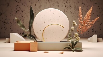 Premium podium, stand made of paper and terrazzo on pastel, light background with natural plant, leaves. Mock up for the exhibitions, presentation of products, AI Generated