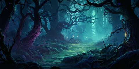 a haunted forest with animated trees, giggling ghosts, and curious critters. 