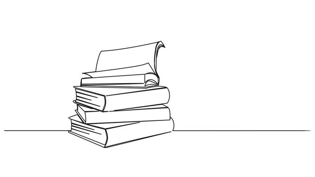 animated continuous single line drawing of stack of books with open book on top, line art animation
