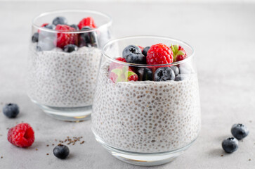 Healthy Chia Pudding in a Glass with Fresh Berries
