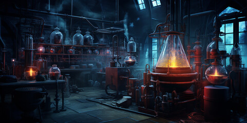 a mad scientist's laboratory with sparking equipment and mysterious experiments. 