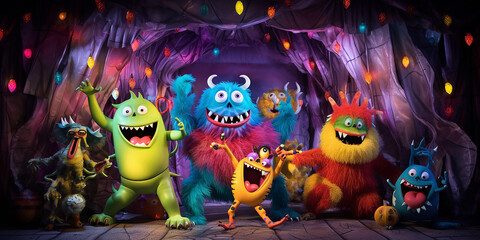 a monster mash dance party backdrop with costumed creatures having fun.