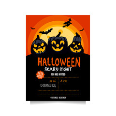 Halloween party invitation with spooky pumpkins, bats and a witch in full moon