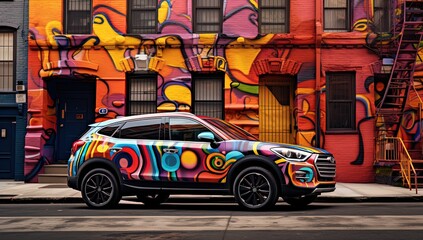 close up graffiti car with city wall full of messy graffiti art illustration, Generative Ai	
 - obrazy, fototapety, plakaty